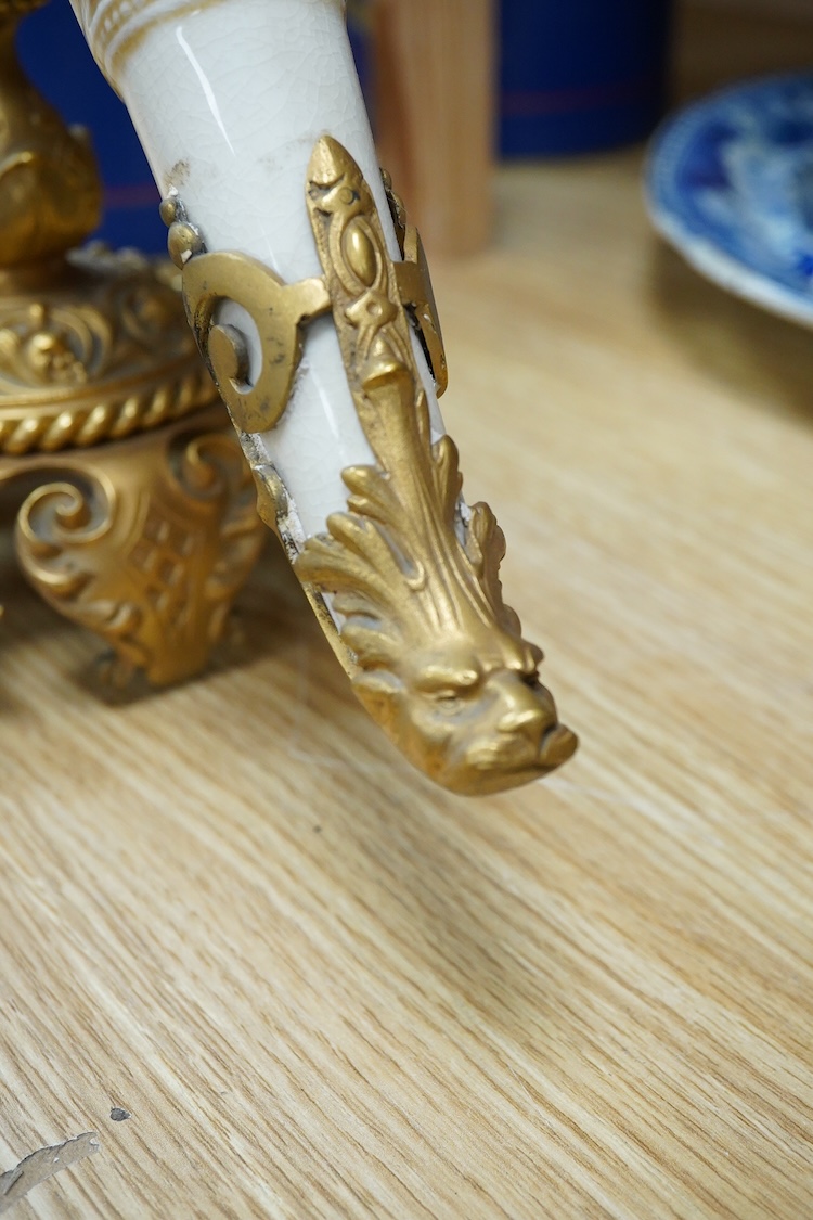 A late 19th century Viennese ormolu mounted ceramic drinking horn vase, 47cm high